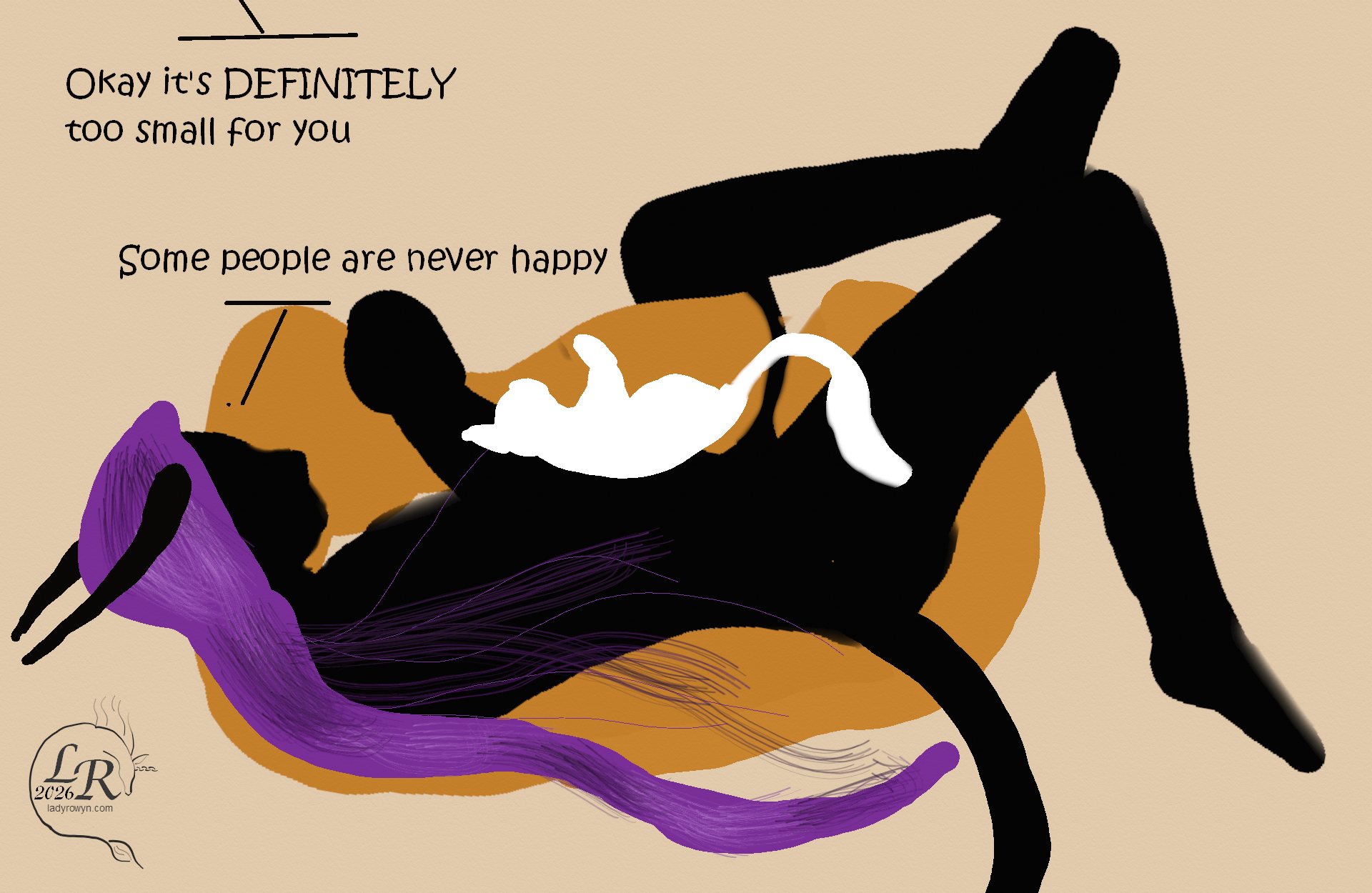 Single panel of a vantablack man with horns, a tail, and long purple hair curled up in/around a wraparound oval pillow. The oval is too small for him and his legs and arms stick out both above and beneath it. A white cat is curled up by his front, atop the pillow. Dialogue: Voice 1: Okay it's DEFINITELY too small for you. Zhenshay: Some people are never happy